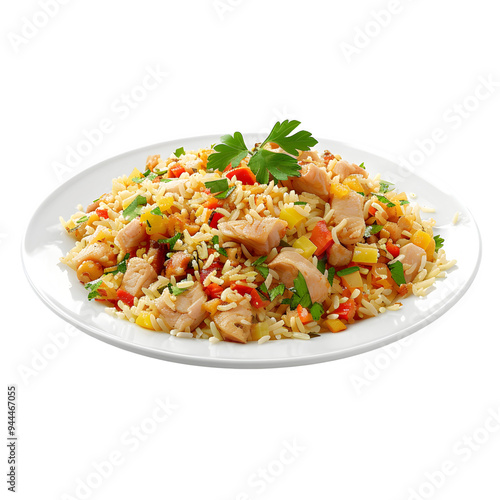 Delicious turkish chicken pilaf mixed with vibrant veggies, topped with parsley, set against a clear background