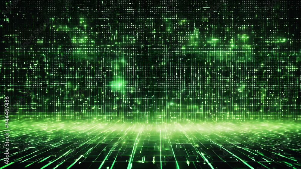 A matrix of numbers and algorithms flowing in a green and black grid A matrix of numbers and algorithms flowing in a green and black grid