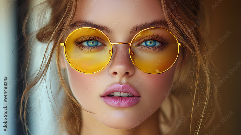 Blonde woman in yellow sunglasses and pink lips posing for a photo. Blonde woman in yellow sunglasses and pink lips posing for a photo.