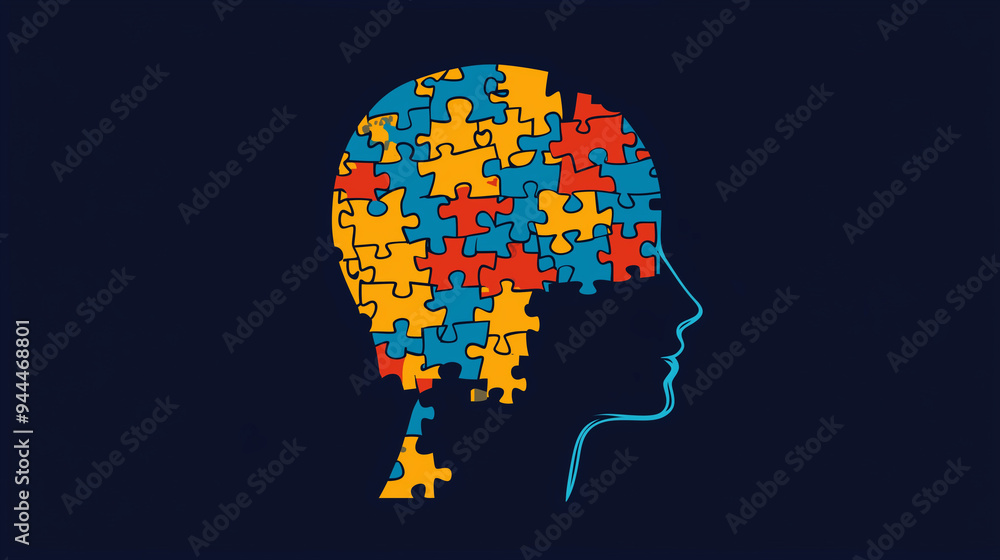 Profil ludzkiej głowy wkomponowany w układankę puzzle, ilustrujący koncepcję psychologii poznawczej lub psychoterapii. Profil ludzkiej głowy wkomponowany w układankę puzzle, ilustrujący koncepcję psychologii poznawczej lub psychoterapii.