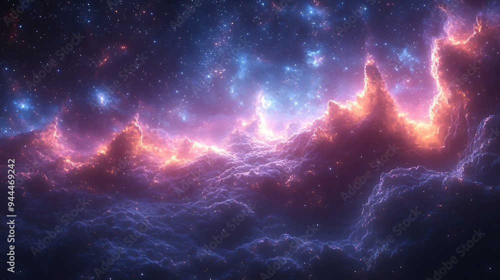 A vibrant nebula with clouds of gas and dust glowing in shades of blue, orange, and pink against a backdrop of countless stars. A vibrant nebula with clouds of gas and dust glowing in shades of blue, orange, and pink against a backdrop of countless stars.