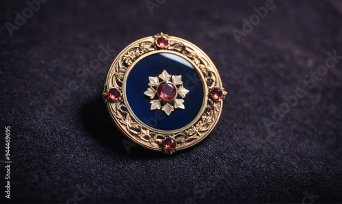 A gold brooch with a blue enamel center and intricate design, featuring a snowflake and gems, rests on a black velvet surface