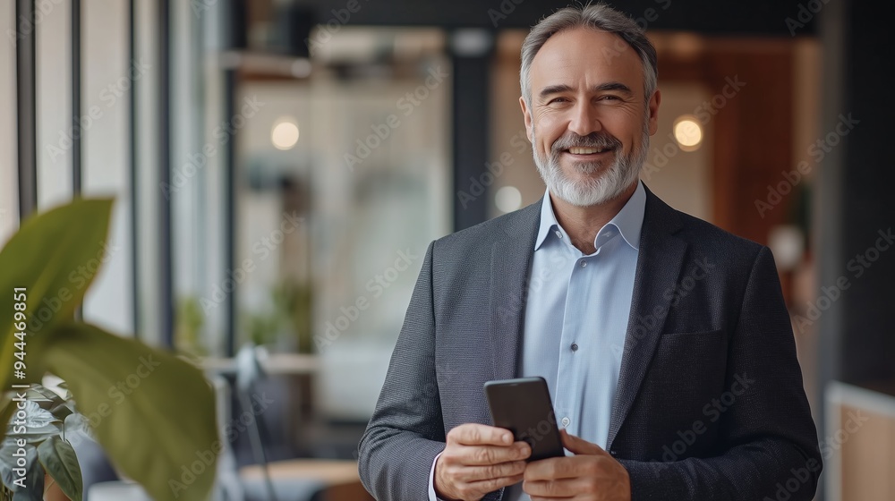 Smiling businessman in a stylish office holding a smartphone while standing by indoor plants during daytime Smiling businessman in a stylish office holding a smartphone while standing by indoor plants during daytime