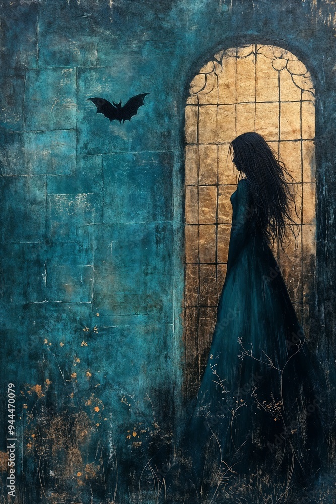 Mysterious Woman in Dark Gothic Dress Standing by Arched Window with Bat Mysterious Woman in Dark Gothic Dress Standing by Arched Window with Bat