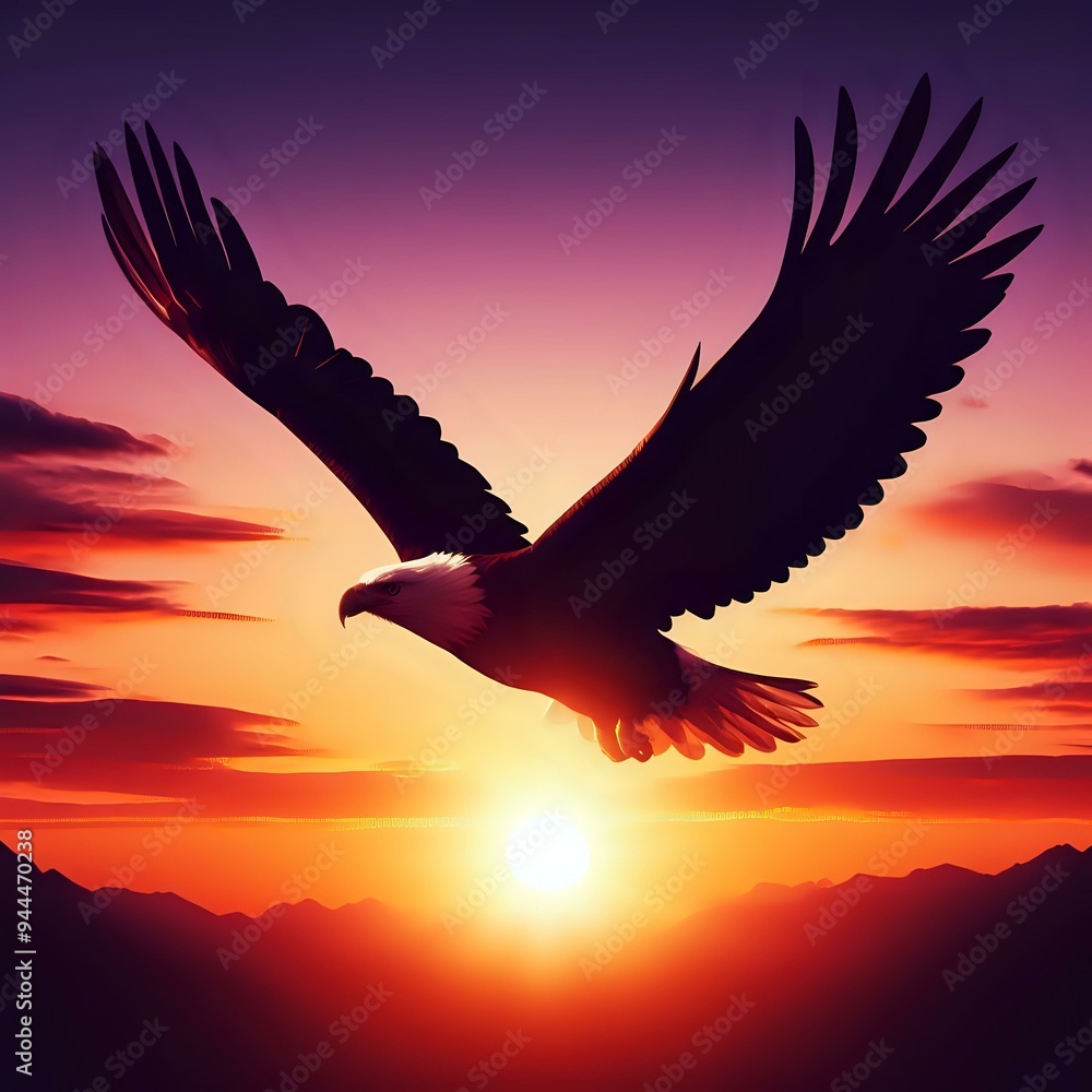 Obraz premium Eagle silhouette flying against a sunset sky