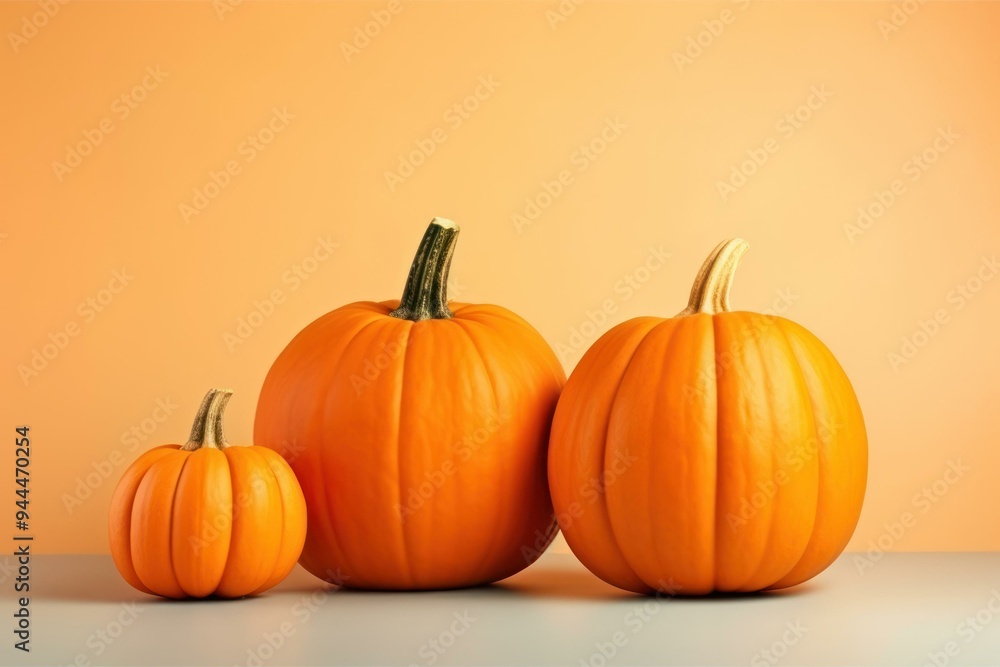 Three vibrant pumpkins on orange backdrop, ideal for autumn and Halloween themes. Three vibrant pumpkins on orange backdrop, ideal for autumn and Halloween themes.
