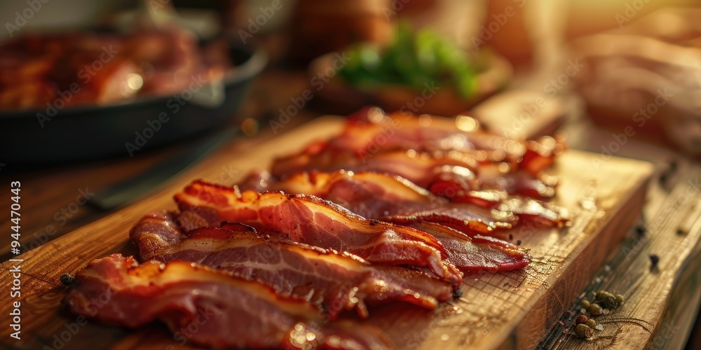 Smoked bacon slices on a wooden cutting board Smoked bacon slices on a wooden cutting board