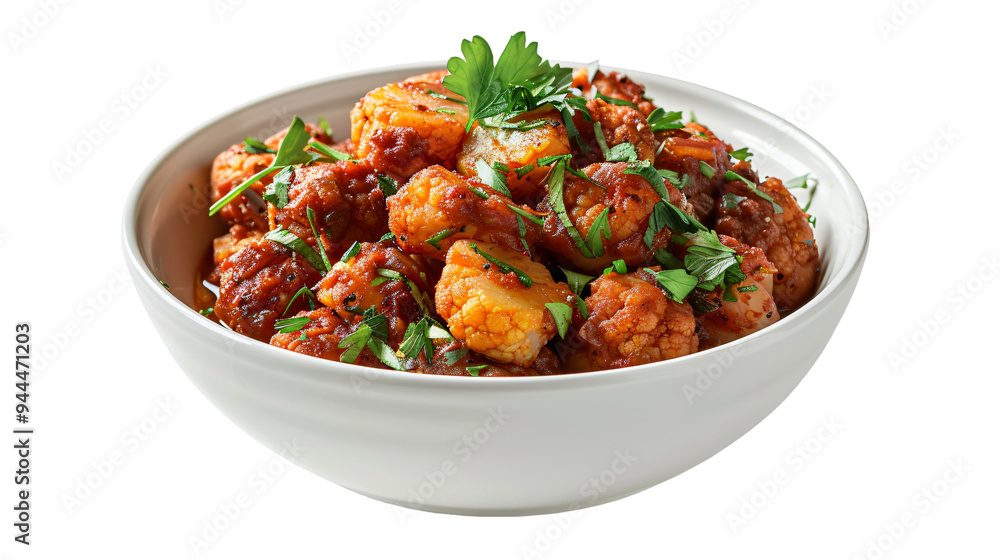 Colorful dish of indian veggie curry topped with herbs, set against a clear background, ideal for cooking and food-themed projects Colorful dish of indian veggie curry topped with herbs, set against a clear background, ideal for cooking and food-themed projects
