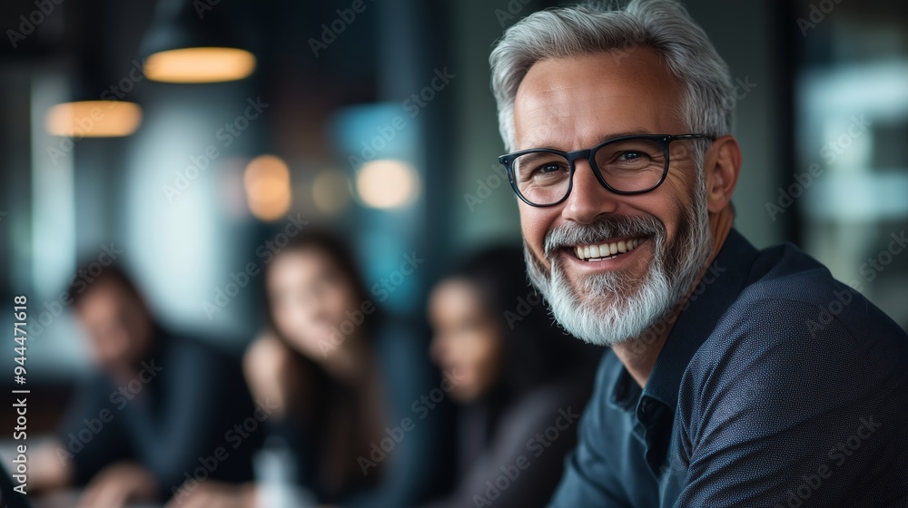 Business meeting with a smiling older man and colleagues in a modern office setting during the day Business meeting with a smiling older man and colleagues in a modern office setting during the day