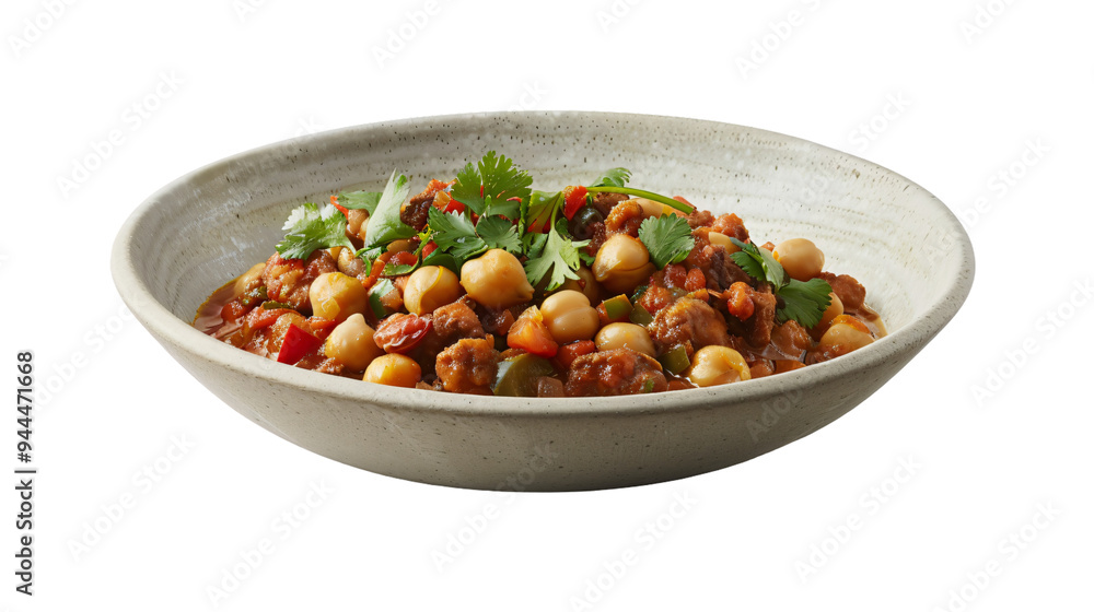 Delicious indian chickpea curry topped with fragrant cilantro, presented in a ceramic bowl and set against a clear background Delicious indian chickpea curry topped with fragrant cilantro, presented in a ceramic bowl and set against a clear background