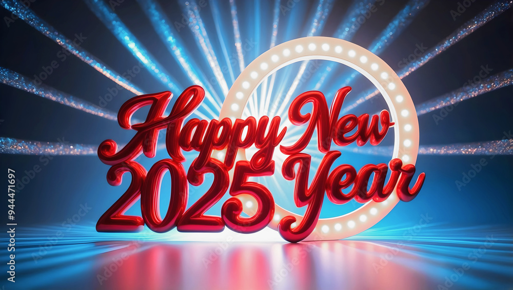Happy new 2025 year, text on black background with fireworks, colourful festive template, card, poster design concept, celebration