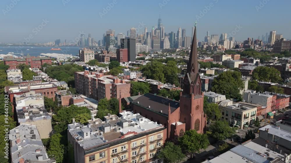 aerial shot arcing around church in Cobble Hill Brooklyn aerial shot arcing around church in Cobble Hill Brooklyn