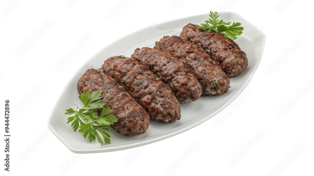 Tasty grilled indian kebabs served on a white plate, garnished with fresh parsley, isolated on a transparent background Tasty grilled indian kebabs served on a white plate, garnished with fresh parsley, isolated on a transparent background