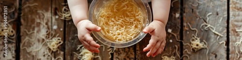 Child spilling a bowl of noodle soup on a wooden floor, with a clear plate featuring noodle shapes on a messy table. High-quality image. photo