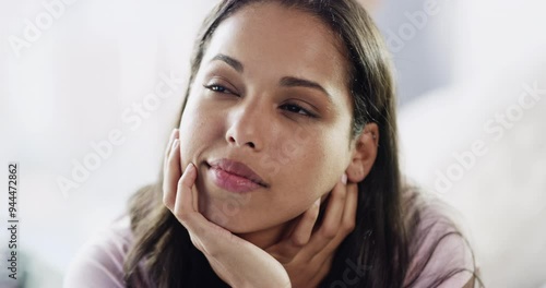 Woman, thinking and daydream in home, bed and vision with choice, relax and memory of love with ideas. Face, bedroom and questions with decision, remember and nostalgia in morning at apartment