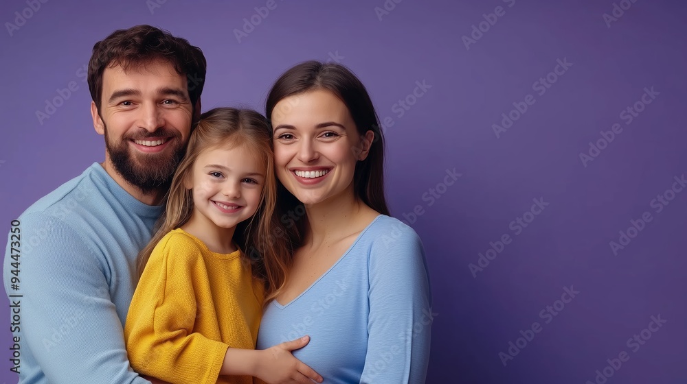 A joyful family portrait featuring a smiling couple with their young daughter against a vibrant purple background A joyful family portrait featuring a smiling couple with their young daughter against a vibrant purple background