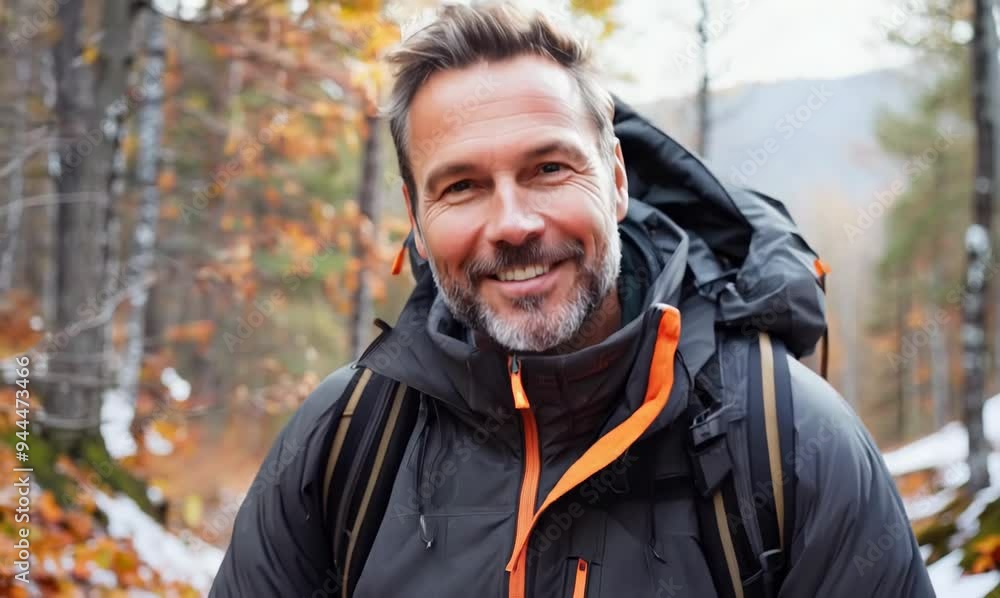 Handsome middle aged man in sportswear smiling at camera while standing outdoors in the forest Handsome middle aged man in sportswear smiling at camera while standing outdoors in the forest