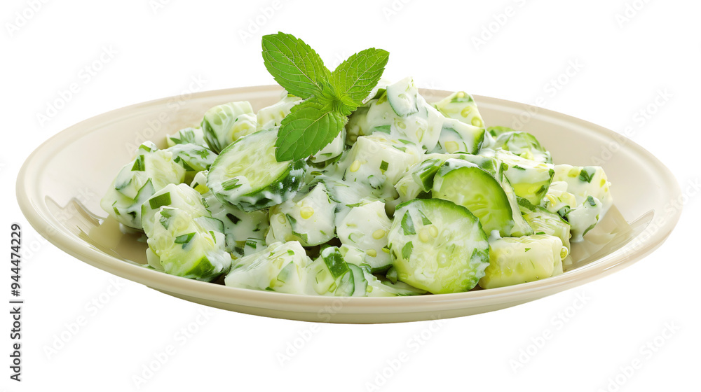 Cool indian cucumber salad with yogurt and mint, presented in a beige bowl, set against a clear background for simple blending into any design Cool indian cucumber salad with yogurt and mint, presented in a beige bowl, set against a clear background for simple blending into any design