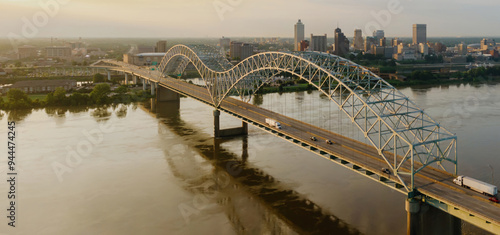 Photography Hernando de Soto Bridge crossing the Mississippi River at sunrise