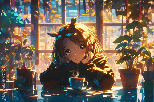 Girl savouring a cup of tea in a charming coffee shop filled with soft music and fairy lights. Anime style, Cozy vibes photo