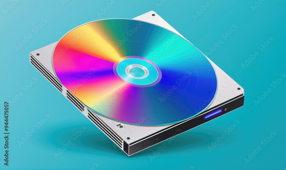 Illustration of a colorful DVD sits inside a white drive against a blue background Illustration of a colorful DVD sits inside a white drive against a blue background