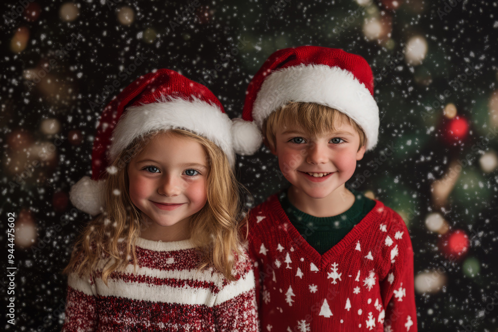 Adorable child in a Santa Claus hat closeup of face Christmas card style with snow and festive bokeh lights background with copy space.nostalgic childhood children kids holiday magic of Christmas Adorable child in a Santa Claus hat closeup of face Christmas card style with snow and festive bokeh lights background with copy space.nostalgic childhood children kids holiday magic of Christmas