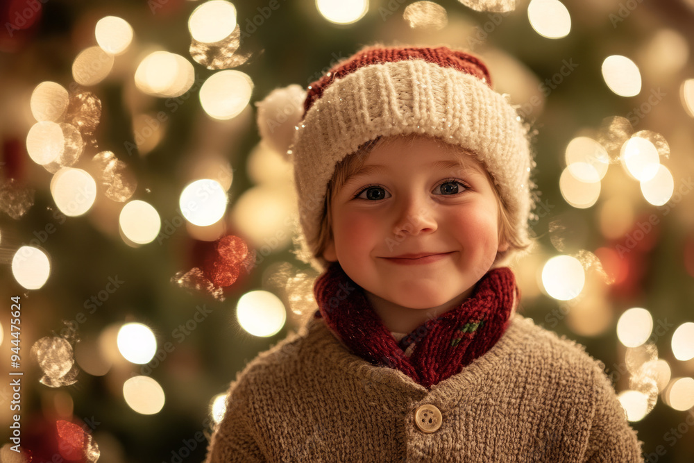 Adorable child in a Santa Claus hat closeup of face Christmas card style with snow and festive bokeh lights background with copy space.nostalgic childhood children kids holiday magic of Christmas Adorable child in a Santa Claus hat closeup of face Christmas card style with snow and festive bokeh lights background with copy space.nostalgic childhood children kids holiday magic of Christmas