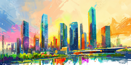 A colorful painting of a bustling city skyline, featuring modern skyscrapers and landmarks, representing urban business environments.