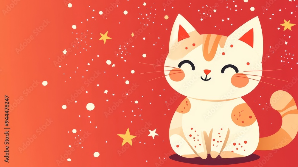 Cute kitten with a starry background and playful elements, depicted in a cheerful and colorful style Cute kitten with a starry background and playful elements, depicted in a cheerful and colorful style