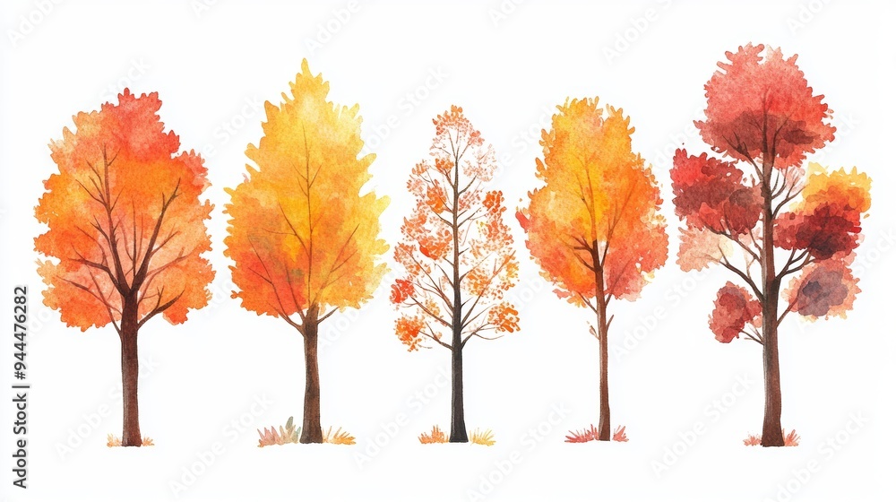 Naklejka premium Watercolor illustration of a collection of autumn trees in warm orange, red, and yellow hues, ideal for seasonal designs and educational use
