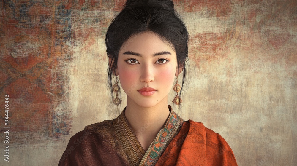 Fototapeta premium Portrait of a young Bhutanese woman wearing traditional attire with a calm expression and subtle background