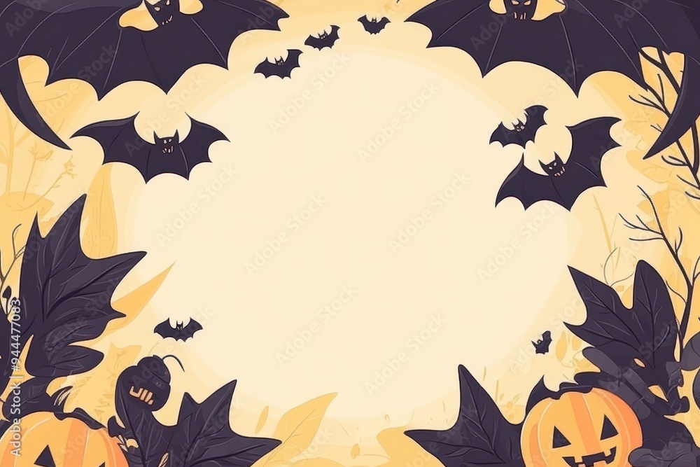Halloween-themed border with bats, pumpkins, and autumn leaves for festive decoration Halloween-themed border with bats, pumpkins, and autumn leaves for festive decoration