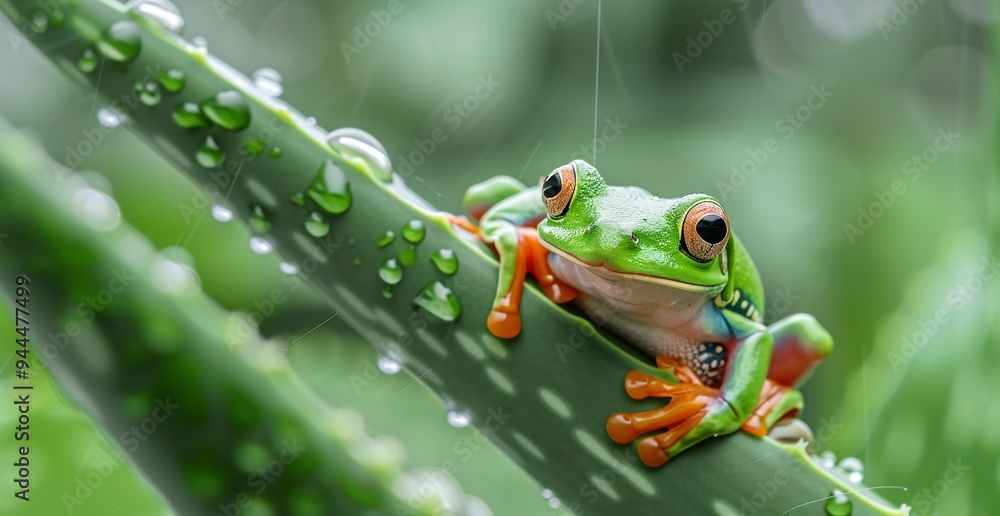 Obraz premium A small tree frog sits on the edge of an aloe leaf in the rain.