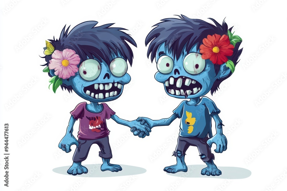 Fototapeta premium Two playful cartoon zombies with flowers sharing a friendly handshake in a vibrant art style