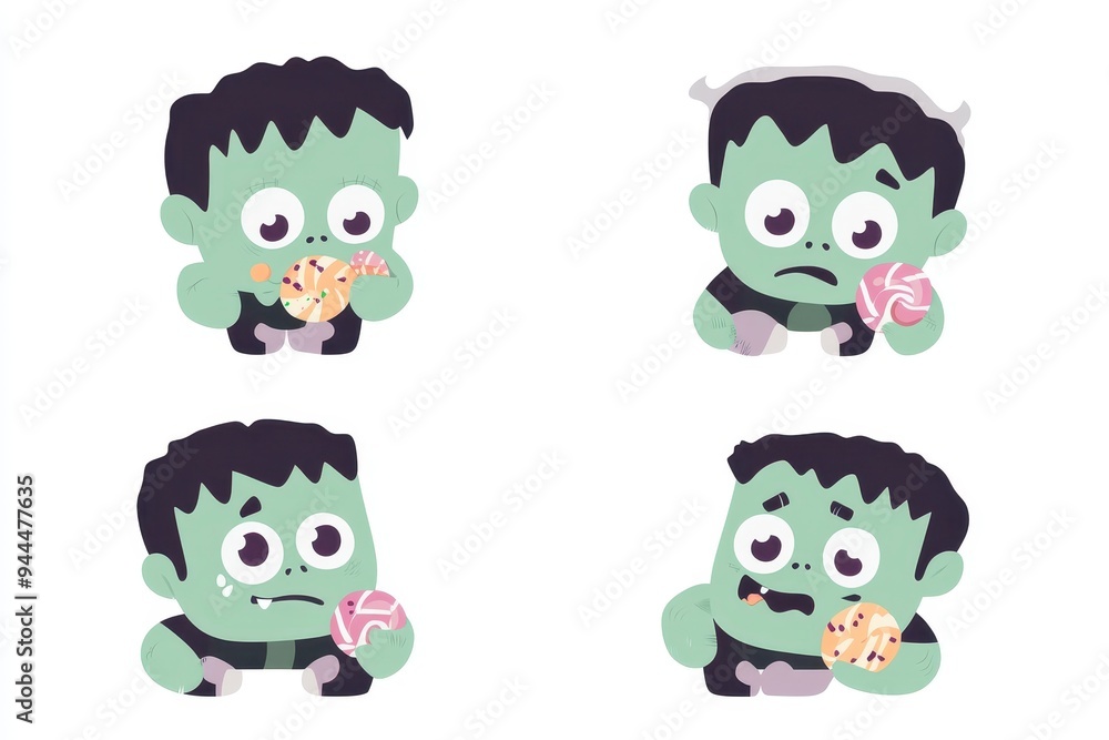 Fototapeta premium Cartoon character enjoying various sweets in a playful setting with candy and donuts