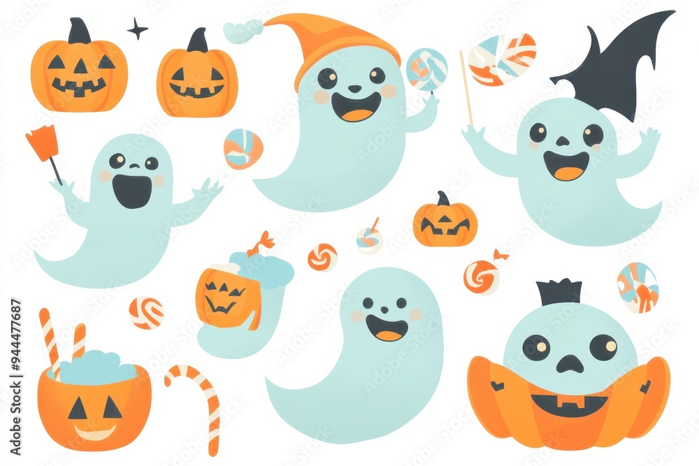 Colorful cartoon ghosts celebrating Halloween with pumpkins and candy in a festive autumn setting