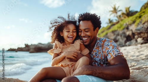 Father and daughter enjoying a joyful moment on the beach during sunset, with waves gently lapping at the shore