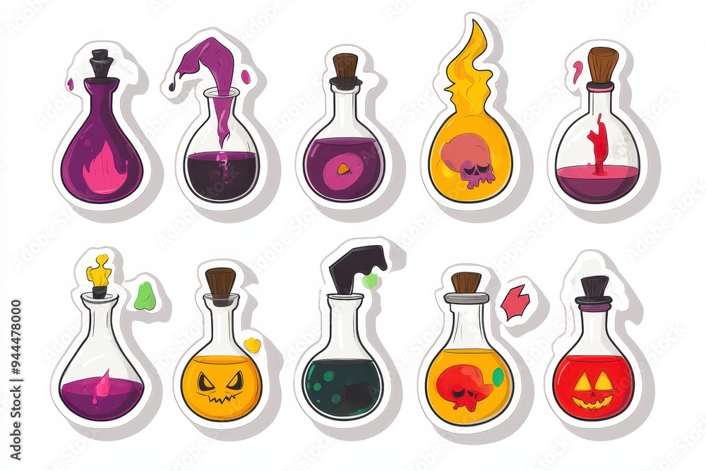 Colorful and quirky potion bottles with various contents and designs displayed on a white background Colorful and quirky potion bottles with various contents and designs displayed on a white background