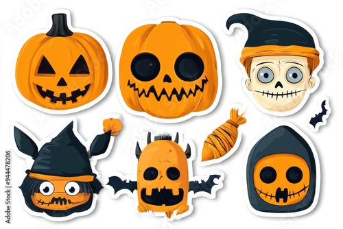 Spooky Halloween stickers featuring cartoon pumpkins, ghosts, and playful characters for festive fun