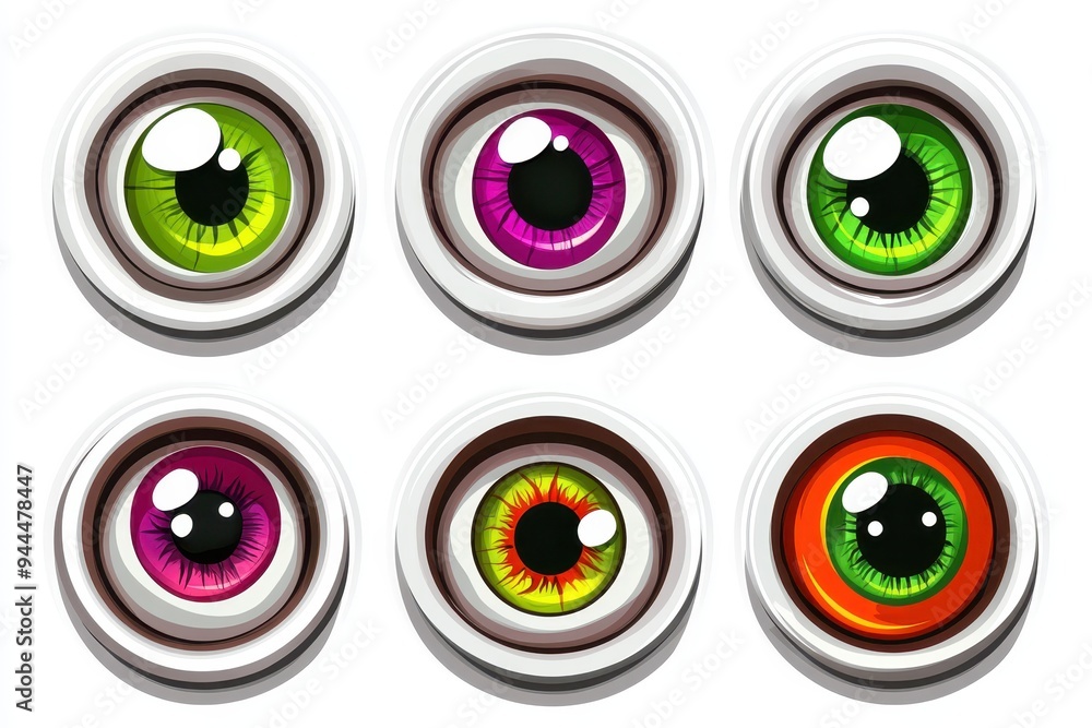 Colorful cartoon eye designs featuring vibrant hues on a white background showcasing six unique styles Colorful cartoon eye designs featuring vibrant hues on a white background showcasing six unique styles