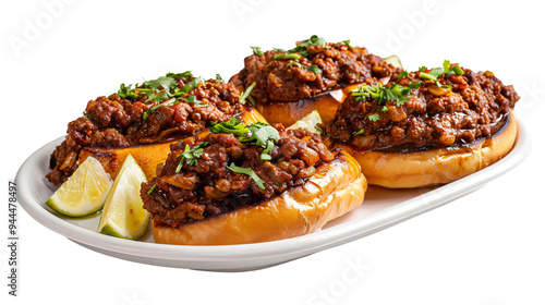 Tantalizing indian-style sloppy joes served on a white plate with fresh lime wedges, isolated on a transparent background for versatile use