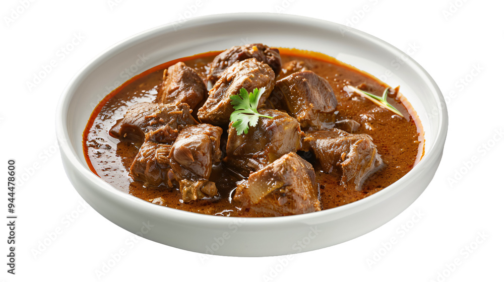 Aromatic indian chicken curry in a white bowl, filled with flavorful spices and juicy chicken chunks, set against a clear backdrop Aromatic indian chicken curry in a white bowl, filled with flavorful spices and juicy chicken chunks, set against a clear backdrop