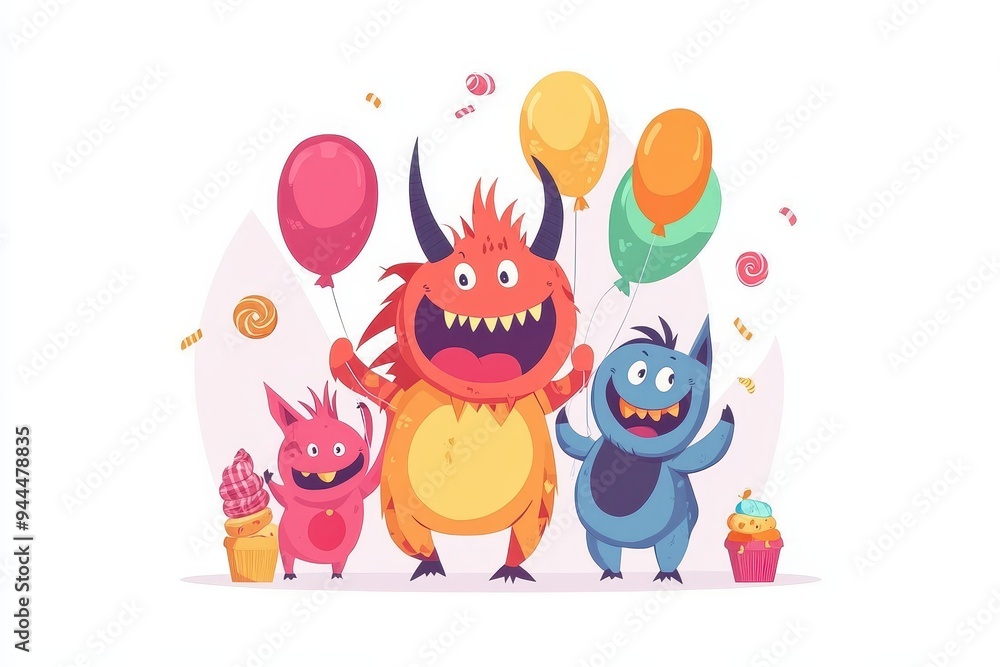 Colorful cartoon monsters celebrating a joyful event with balloons and treats in a festive atmosphere Colorful cartoon monsters celebrating a joyful event with balloons and treats in a festive atmosphere
