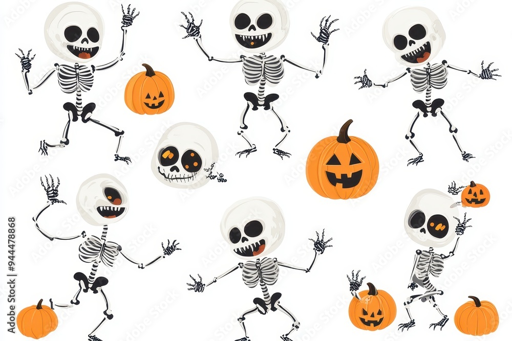 Fototapeta premium Playful skeletons dancing with pumpkins in a festive Halloween-themed illustration