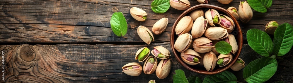 Bowl of fresh pistachios on a rustic wooden table surrounded by green leaves. Free copy space for banner. Bowl of fresh pistachios on a rustic wooden table surrounded by green leaves. Free copy space for banner.