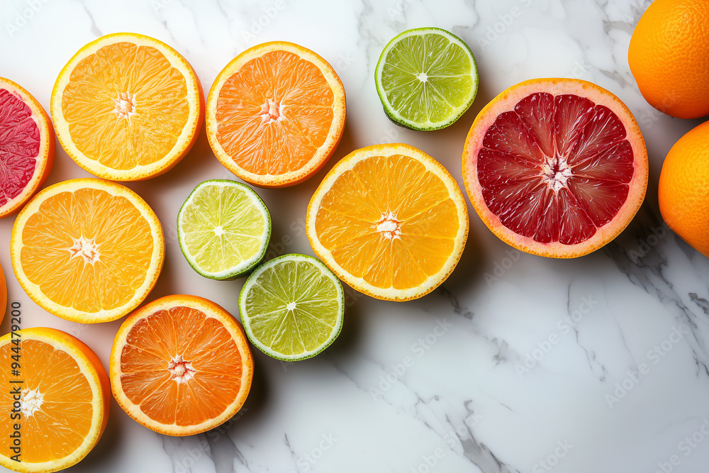 a variety of citrus fruits, including oranges, lemons, and limes, sliced and displayed on a marble surface. a variety of citrus fruits, including oranges, lemons, and limes, sliced and displayed on a marble surface.