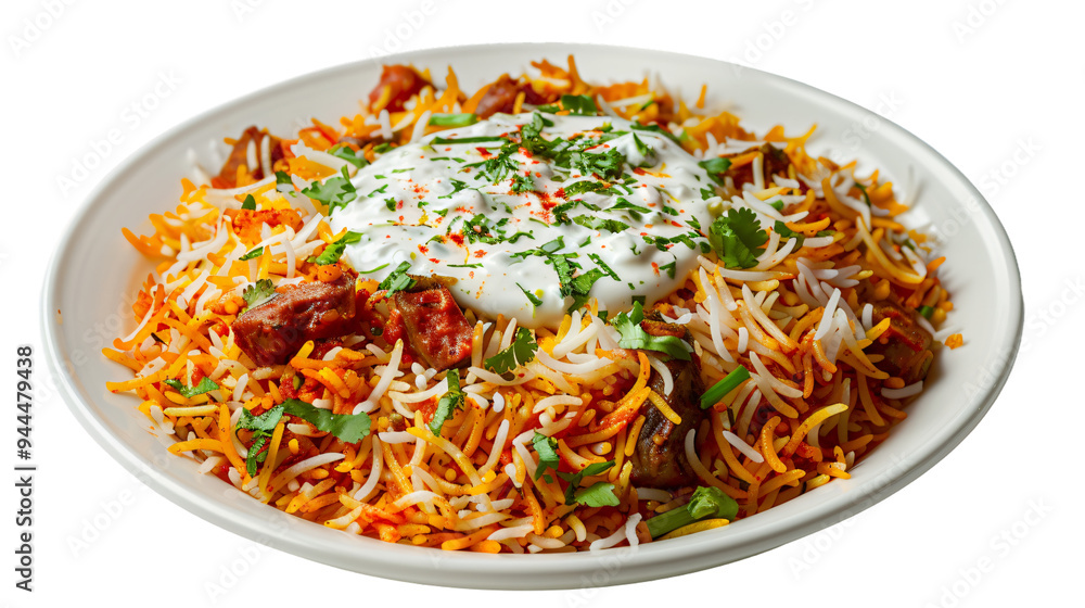 Delicious indian biryani topped with fragrant herbs and accompanied by creamy raita, presented on a clear background for versatile use in different projects Delicious indian biryani topped with fragrant herbs and accompanied by creamy raita, presented on a clear background for versatile use in different projects