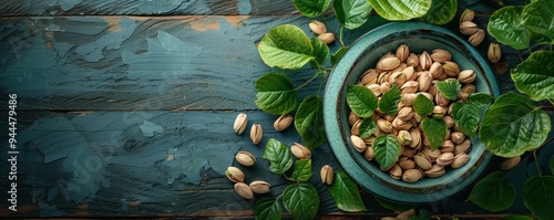 Bowl of fresh pistachios on a rustic wooden table surrounded by green leaves. Free copy space for banner.