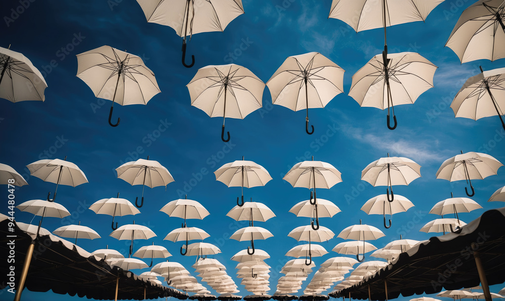 Obraz premium White umbrellas hang suspended against a bright blue sky, creating a unique and whimsical display
