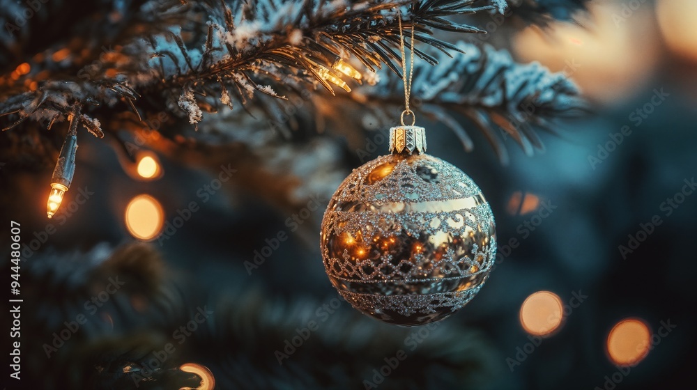 Glittering Silver Ornament Hanging on Christmas Tree with Twinkling Lights Glittering Silver Ornament Hanging on Christmas Tree with Twinkling Lights